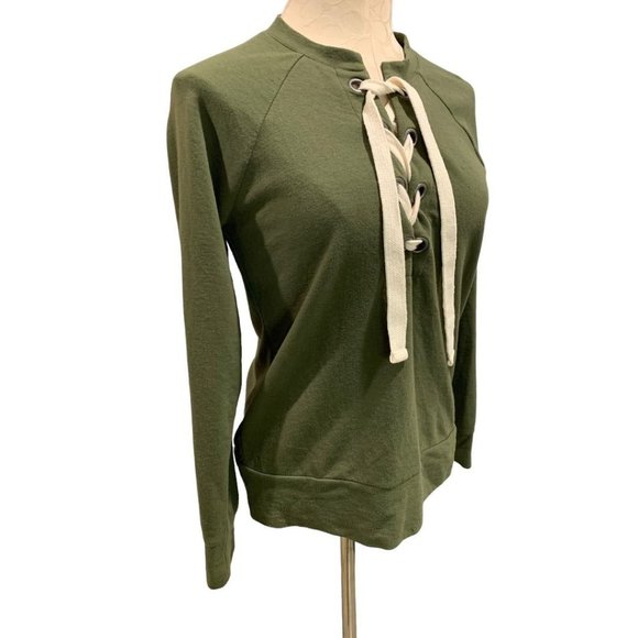 XS A.N.A. Women's Olive Green Lace Up Neckline Lightweight Sweatshirt - Picture 8 of 8